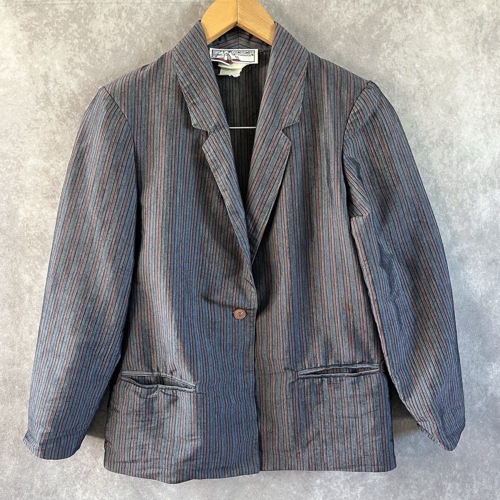 Contempo Casuals Blazer Women Small Blue Grey Pinstripe 80s 90s Vintage Preppy